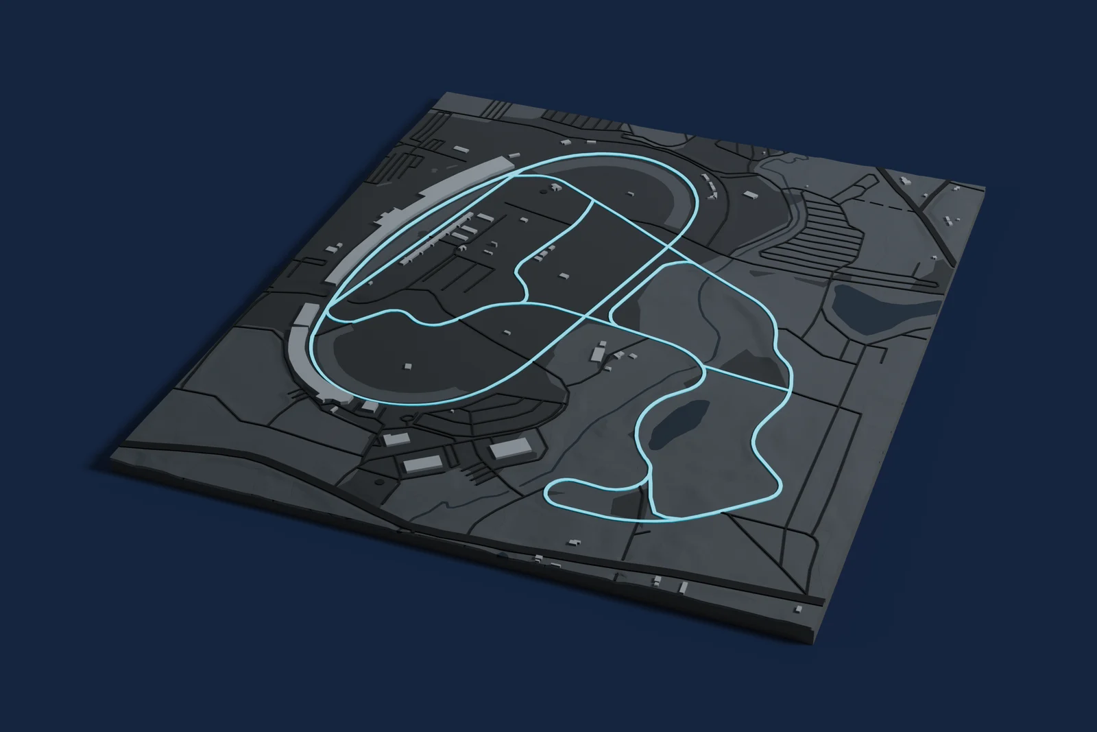 Render of a 3D printed map of Michigan International Speedway, the track in cyan on a dark grey model of the land and buildings around it.