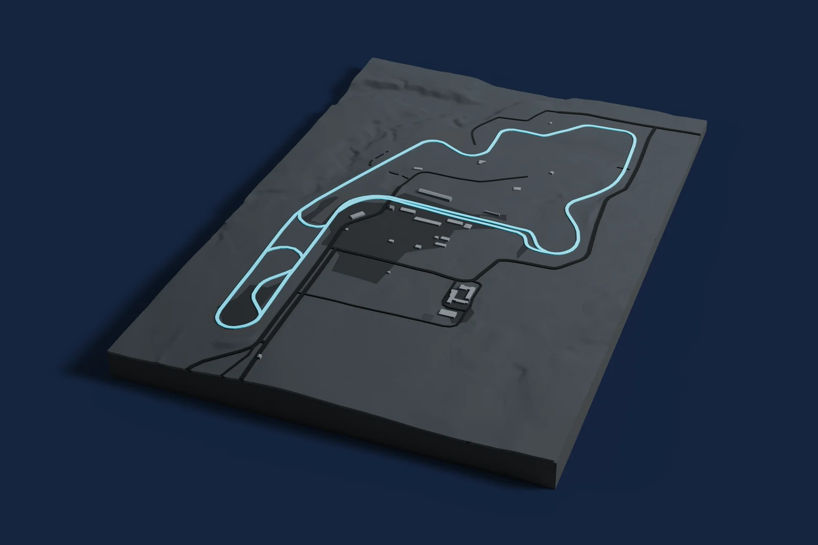 Render of a 3D printed map of Mid-Ohio Sports Car Course, the track in cyan on a dark grey model of the land and buildings around it.