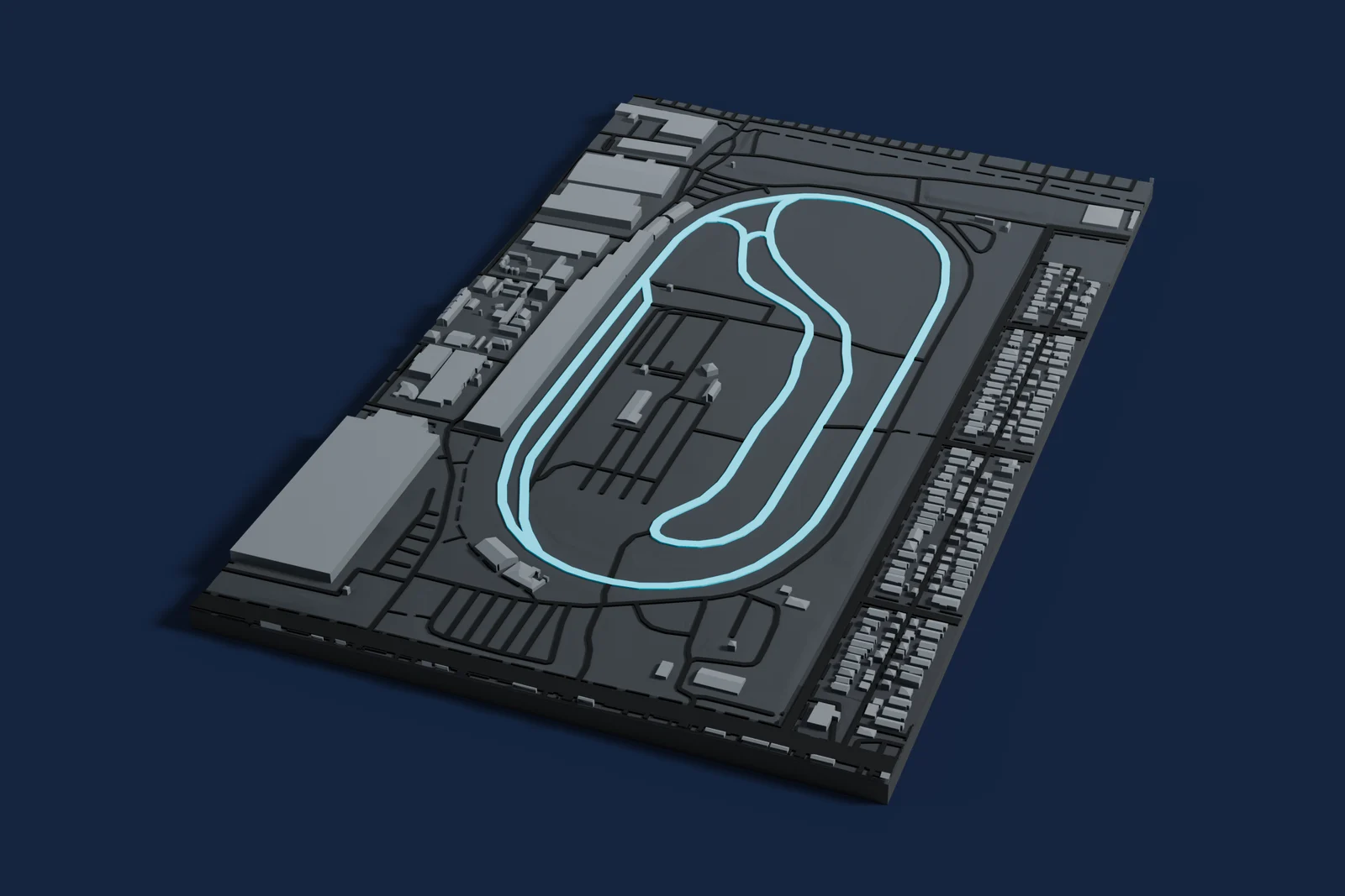 Render of a 3D printed map of Milwaukee Mile, the track in cyan on a dark grey model of the land and buildings around it.
