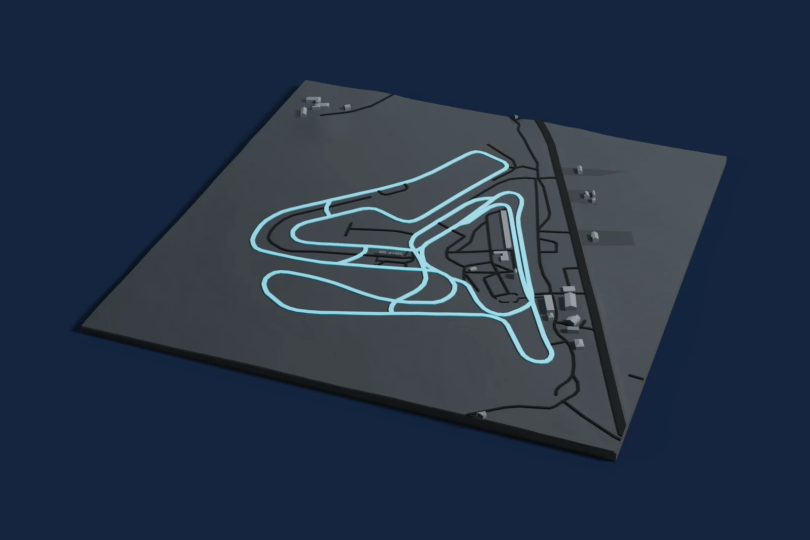 Render of a 3D printed map of Mondello Park, the track in cyan on a dark grey model of the land and buildings around it.