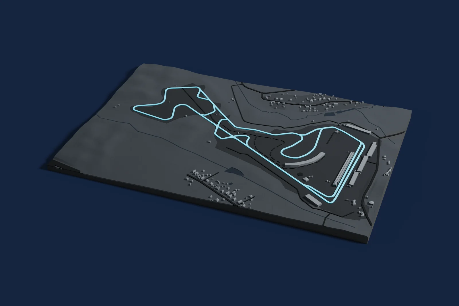 Render of a 3D printed map of Moscow Raceway, the track in cyan on a dark grey model of the land and buildings around it.