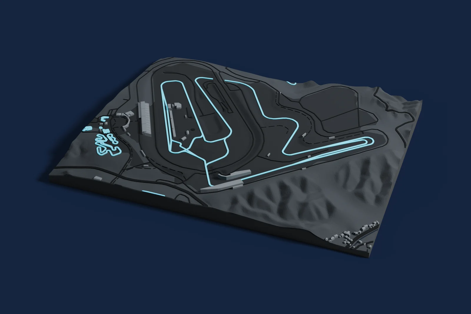 Render of a 3D printed map of Motegi Circuit, the track in cyan on a dark grey model of the land and buildings around it.