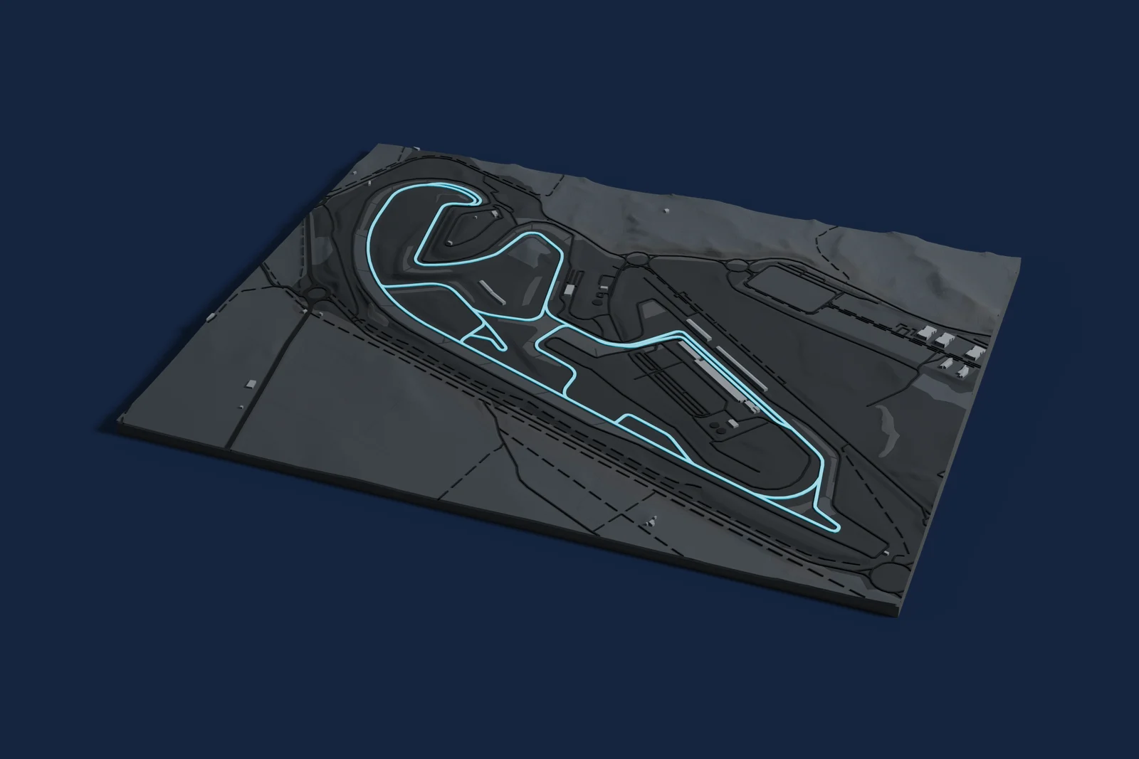Render of a 3D printed map of MotorLand Aragón, the track in cyan on a dark grey model of the land and buildings around it.
