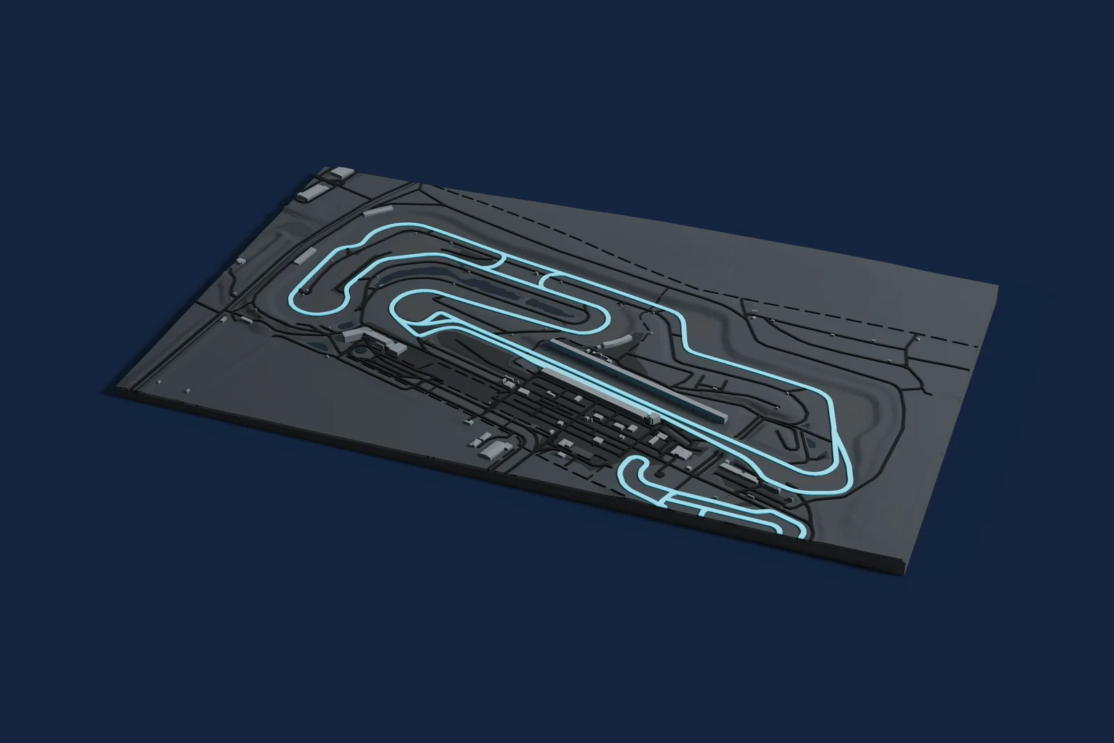 Render of a 3D printed map of Motorsport Arena Oschersleben, the track in cyan on a dark grey model of the land and buildings around it.