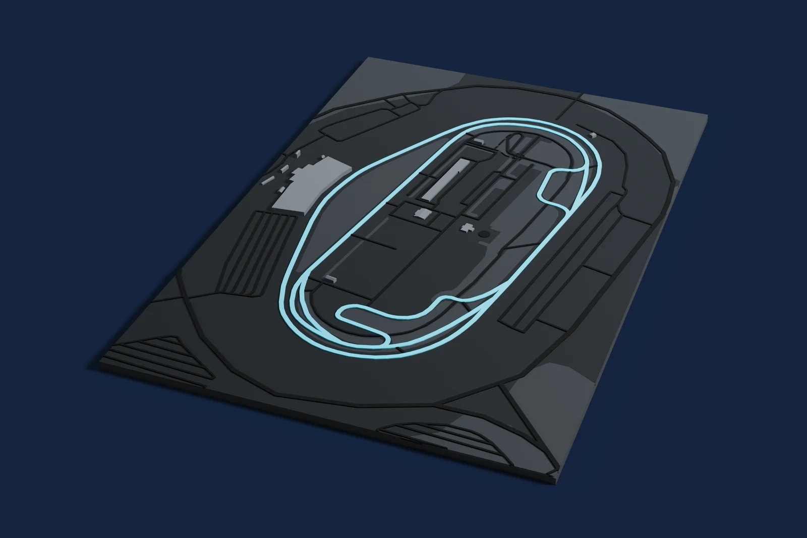 Render of a 3D printed map of Nashville Superspeedway, the track in cyan on a dark grey model of the land and buildings around it.