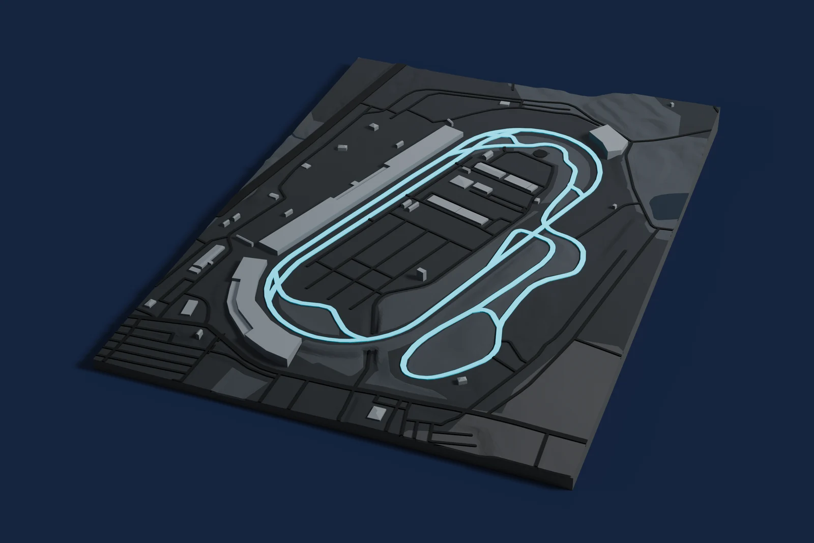 Render of a 3D printed map of New Hampshire Motor Speedway, the track in cyan on a dark grey model of the land and buildings around it.