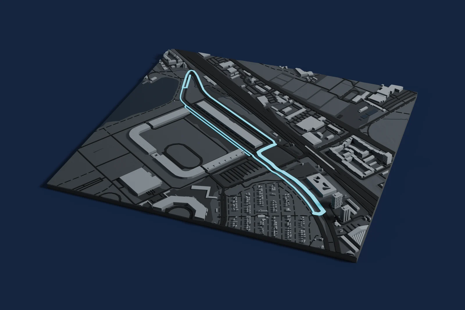 Render of a 3D printed map of Norisring, the track in cyan on a dark grey model of the land and buildings around it.