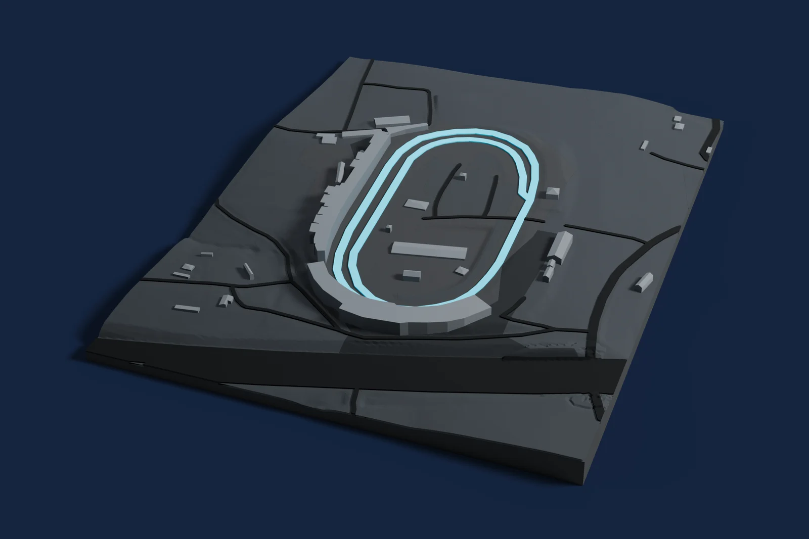 Render of a 3D printed map of North Wilkesboro Speedway, the track in cyan on a dark grey model of the land and buildings around it.