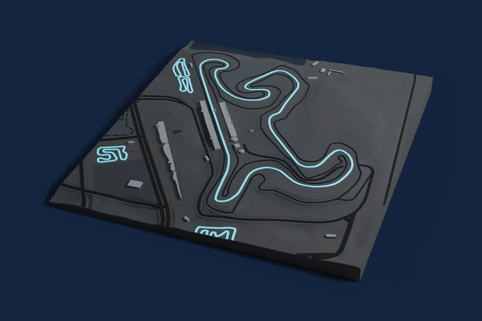 Render of a 3D printed map of Ordos International Circuit, the track in cyan on a dark grey model of the land and buildings around it.