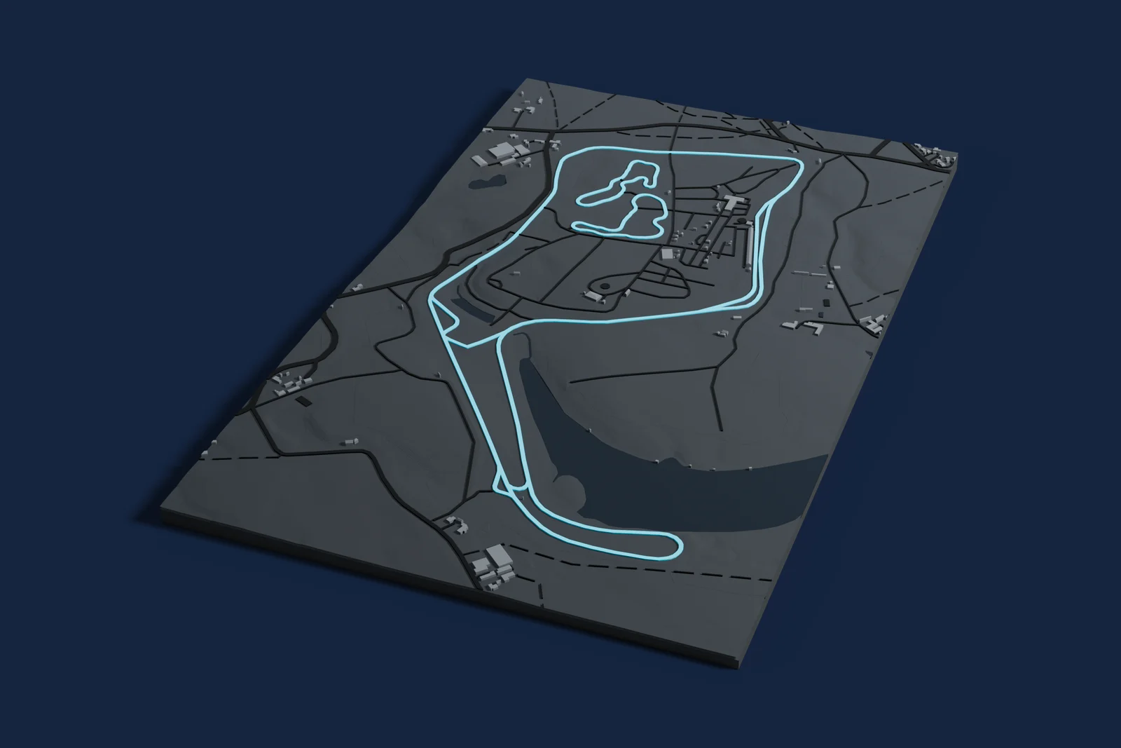 Render of a 3D printed map of Oulton Park, the track in cyan on a dark grey model of the land and buildings around it.