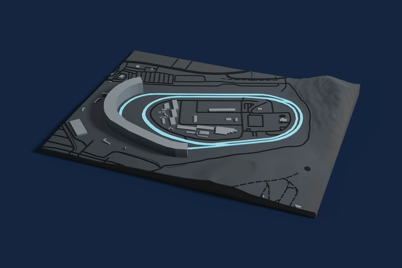 Render of a 3D printed map of Phoenix Raceway, the track in cyan on a dark grey model of the land and buildings around it.