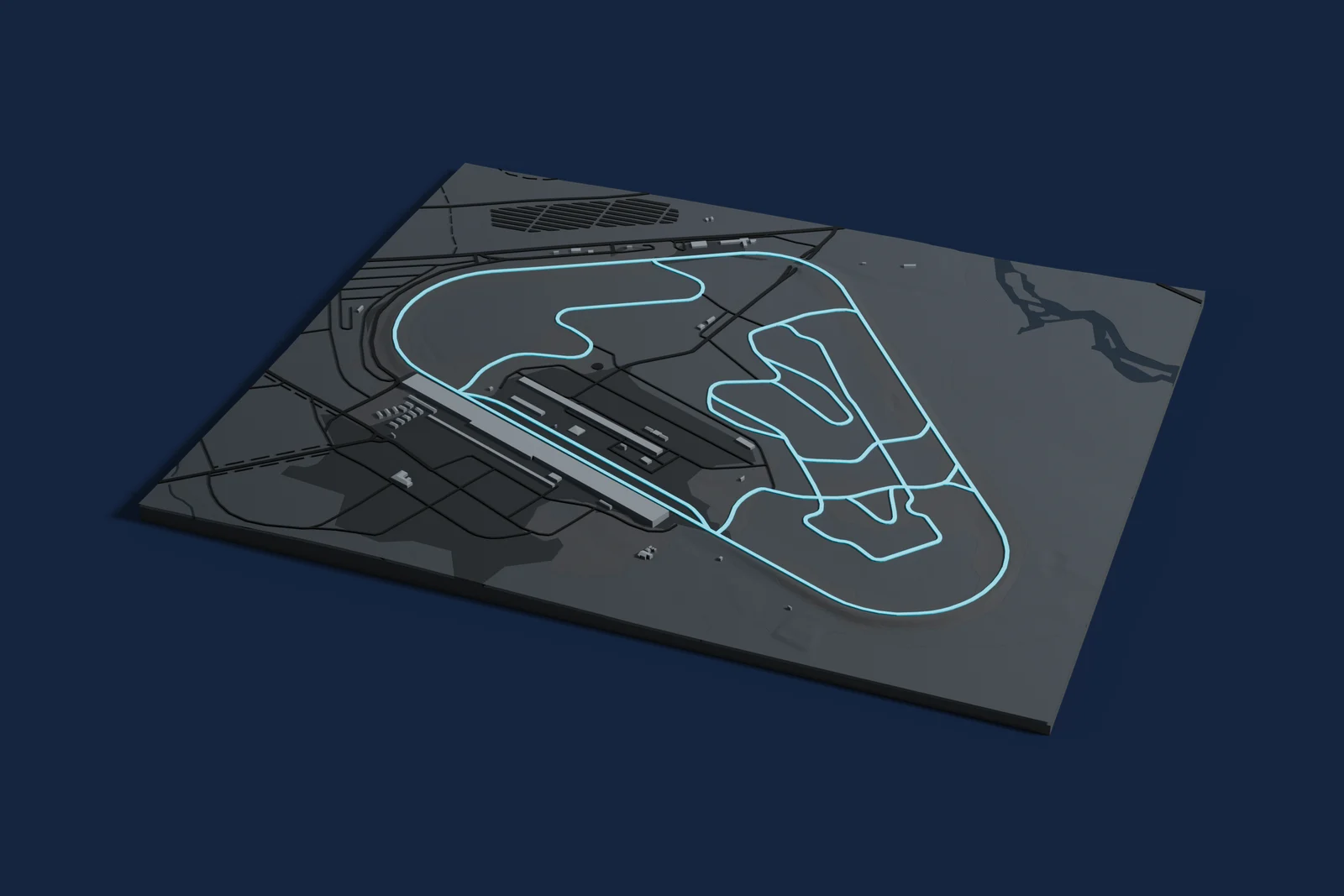 Render of a 3D printed map of Pocono Raceway, the track in cyan on a dark grey model of the land and buildings around it.