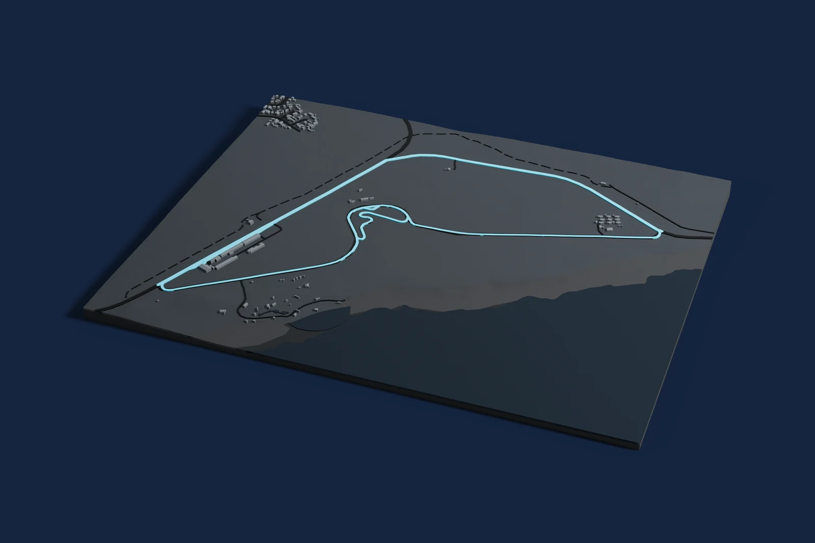 Render of a 3D printed map of Prince George Circuit, the track in cyan on a dark grey model of the land and buildings around it.