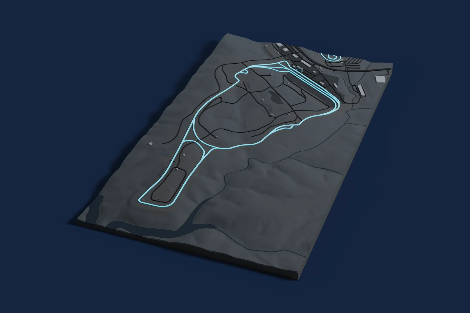Render of a 3D printed map of Road Atlanta, the track in cyan on a dark grey model of the land and buildings around it.