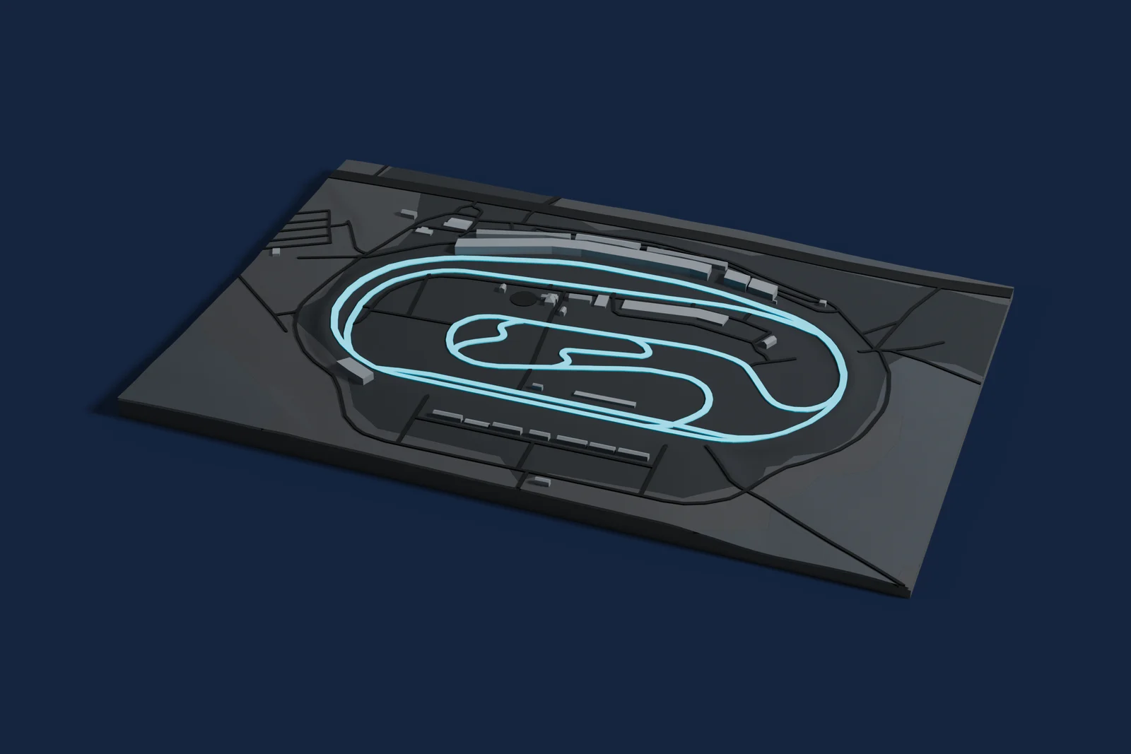 Render of a 3D printed map of Rockingham Speedway, the track in cyan on a dark grey model of the land and buildings around it.