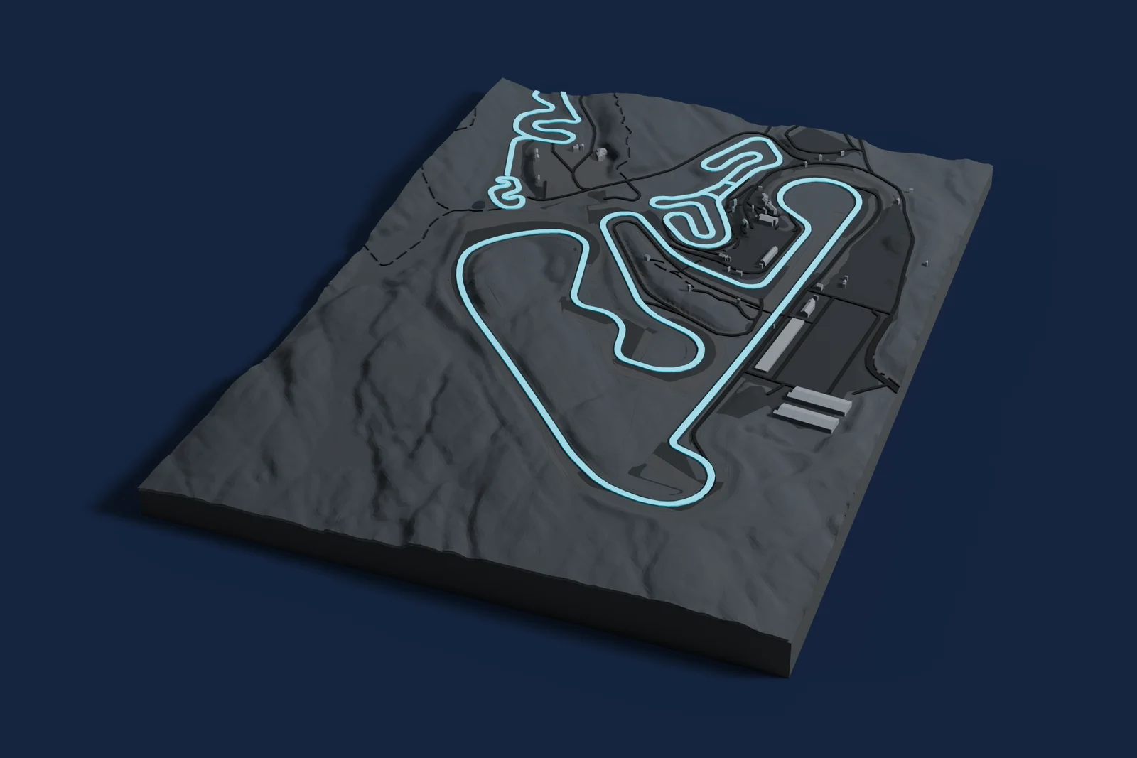 Render of a 3D printed map of Rudskogen, the track in cyan on a dark grey model of the land and buildings around it.