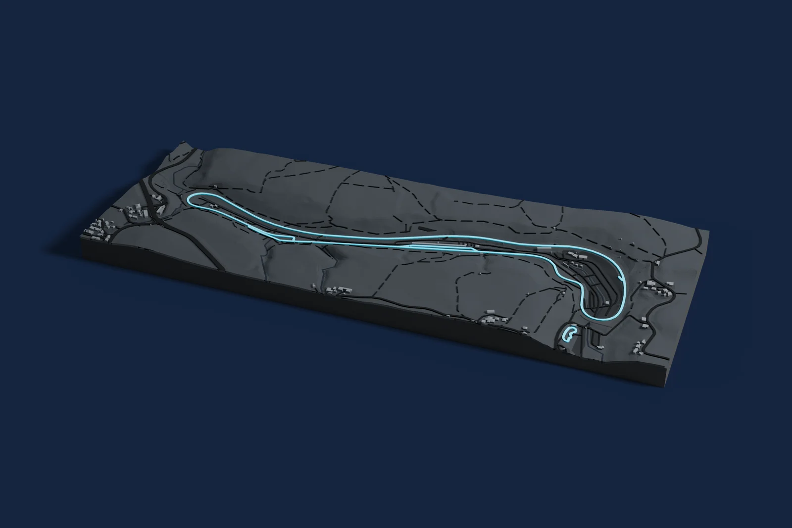Render of a 3D printed map of Salzburgring, the track in cyan on a dark grey model of the land and buildings around it.