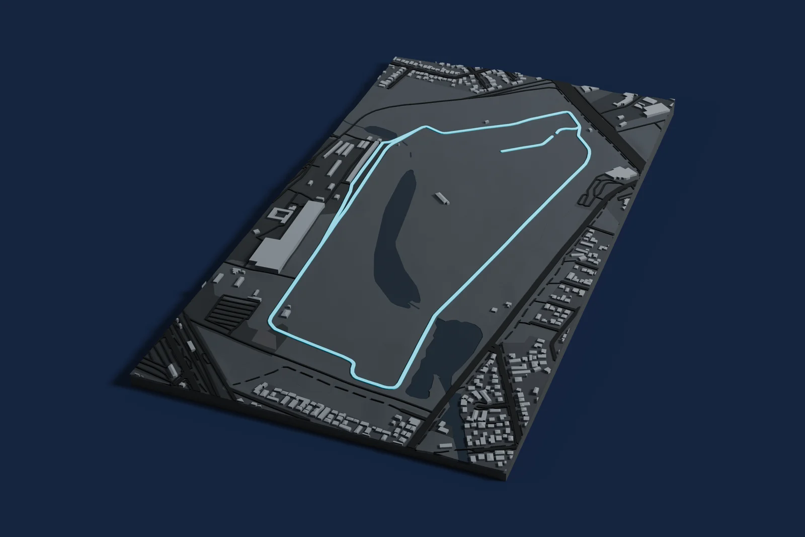 Render of a 3D printed map of Sandown Raceway, the track in cyan on a dark grey model of the land and buildings around it.