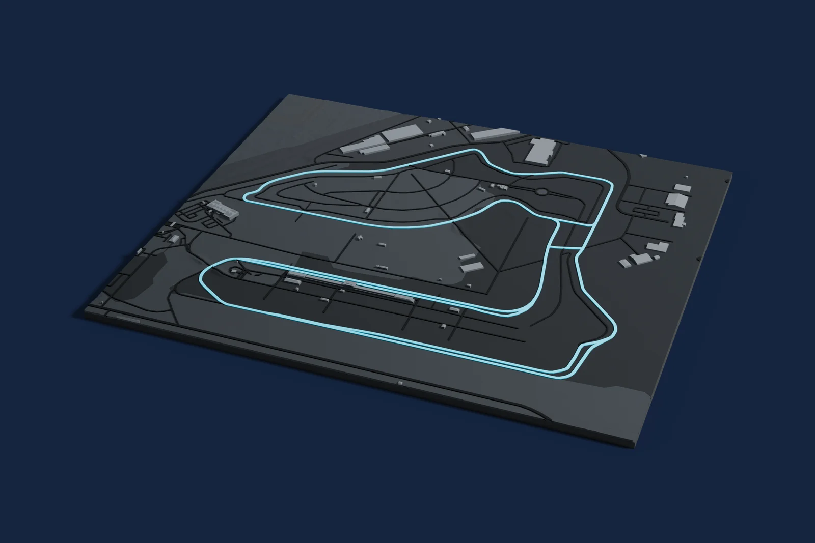 Render of a 3D printed map of Sebring International Raceway, the track in cyan on a dark grey model of the land and buildings around it.