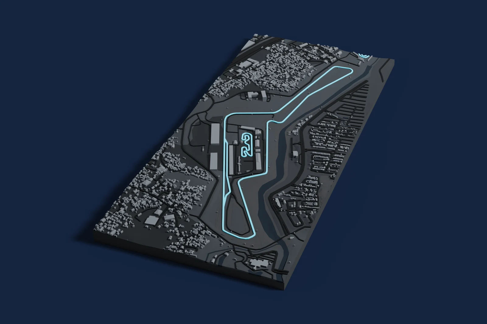 Render of a 3D printed map of Sentul International Circuit, the track in cyan on a dark grey model of the land and buildings around it.