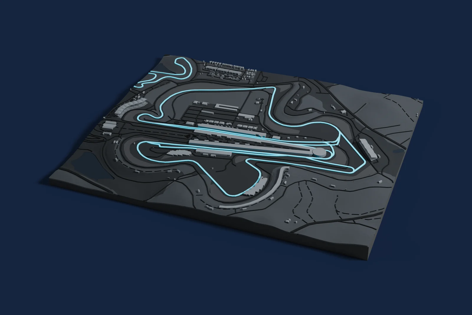 Render of a 3D printed map of Sepang International Circuit, the track in cyan on a dark grey model of the land and buildings around it.