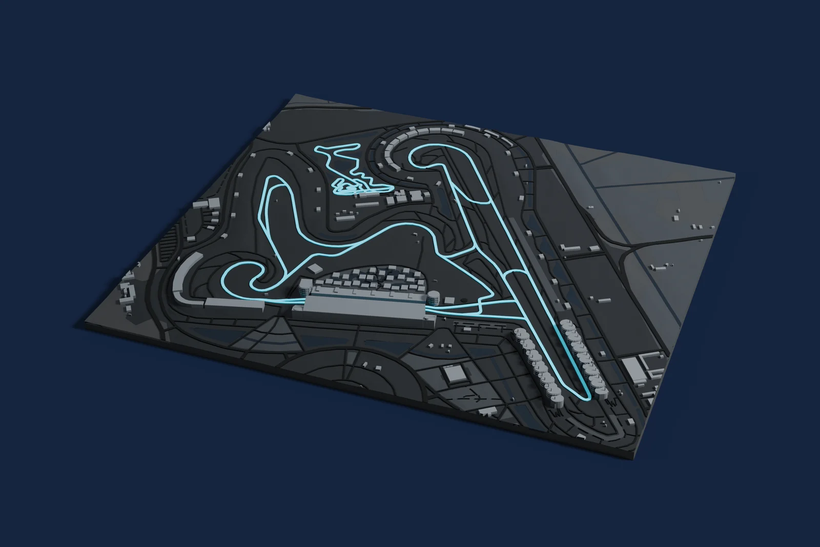 Render of a 3D printed map of Shanghai International Circuit, the track in cyan on a dark grey model of the land and buildings around it.