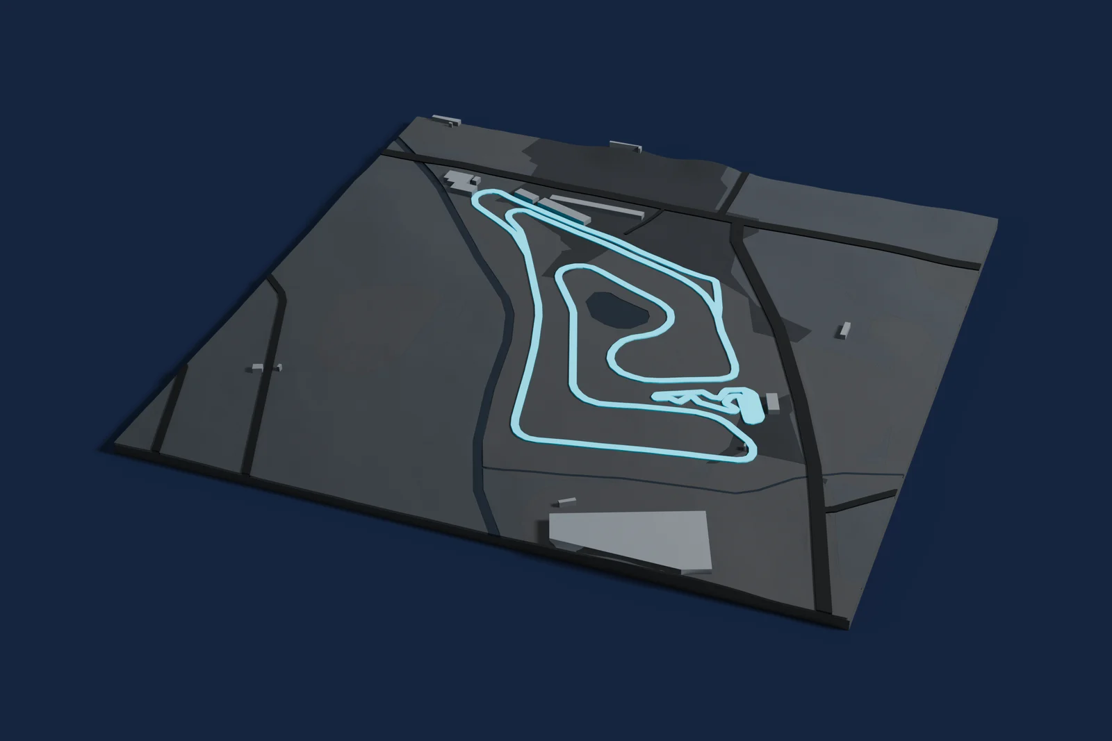 Render of a 3D printed map of Shanghai Tianma Circuit, the track in cyan on a dark grey model of the land and buildings around it.