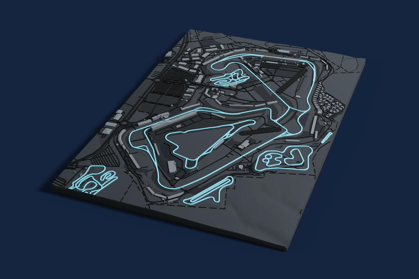 Render of a 3D printed map of Silverstone Circuit, the track in cyan on a dark grey model of the land and buildings around it.