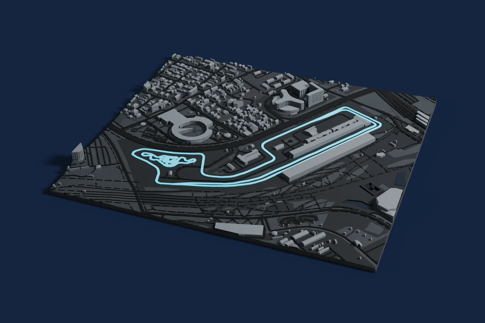 Render of a 3D printed map of Sirius Autodrom, the track in cyan on a dark grey model of the land and buildings around it.