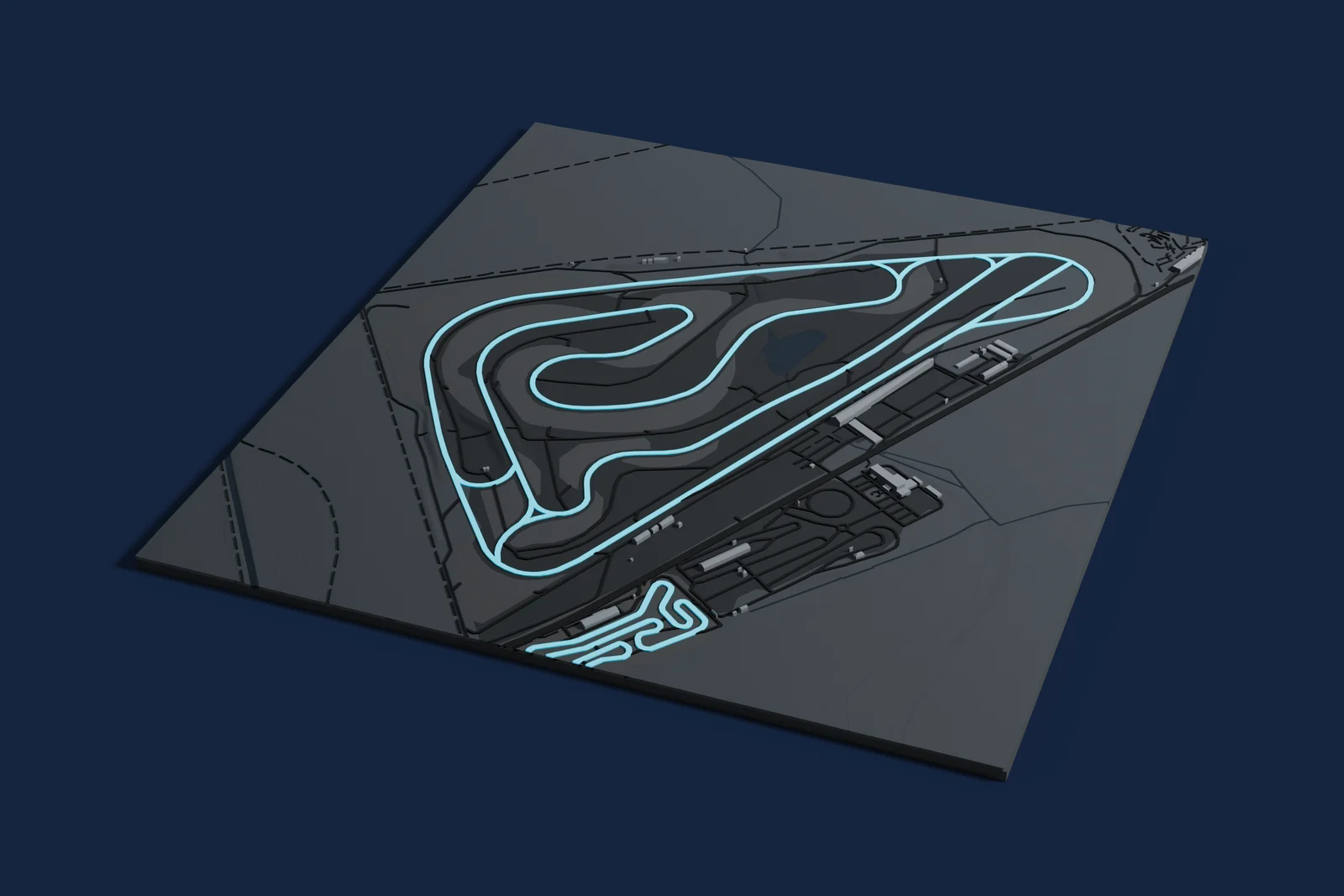 Render of a 3D printed map of Slovakia Ring, the track in cyan on a dark grey model of the land and buildings around it.