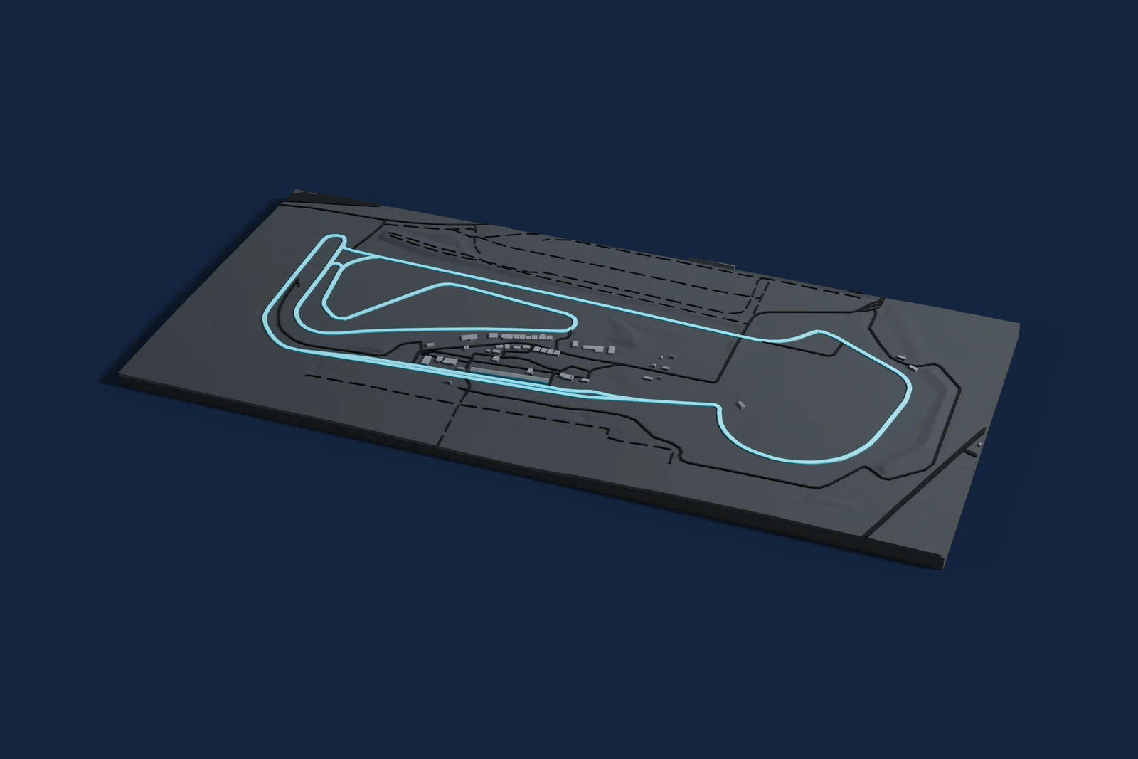 Render of a 3D printed map of Snetterton Circuit, the track in cyan on a dark grey model of the land and buildings around it.