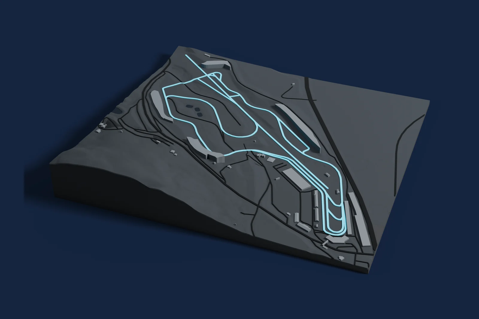 Render of a 3D printed map of Sonoma Raceway, the track in cyan on a dark grey model of the land and buildings around it.