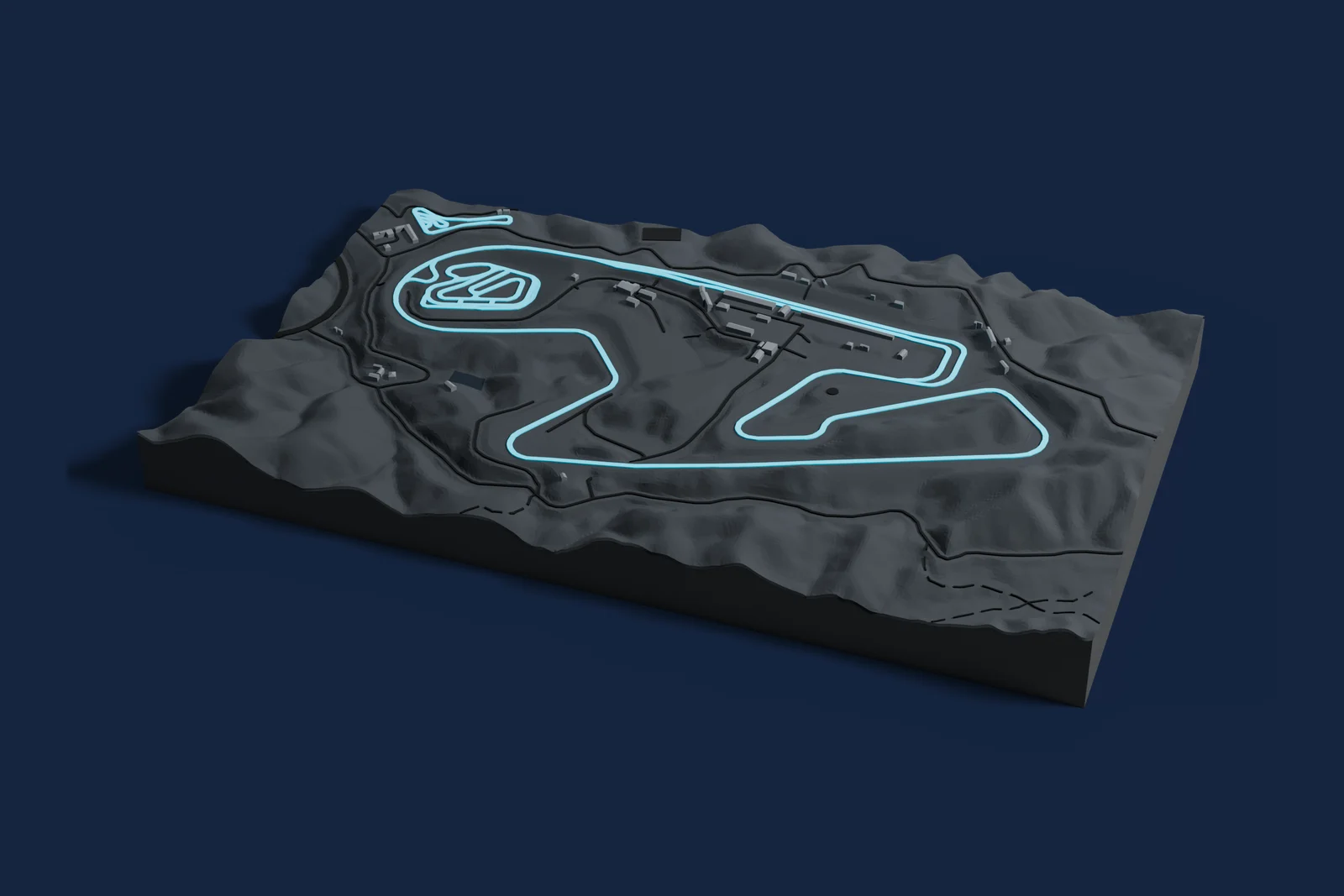 Render of a 3D printed map of Sportsland Sugo, the track in cyan on a dark grey model of the land and buildings around it.