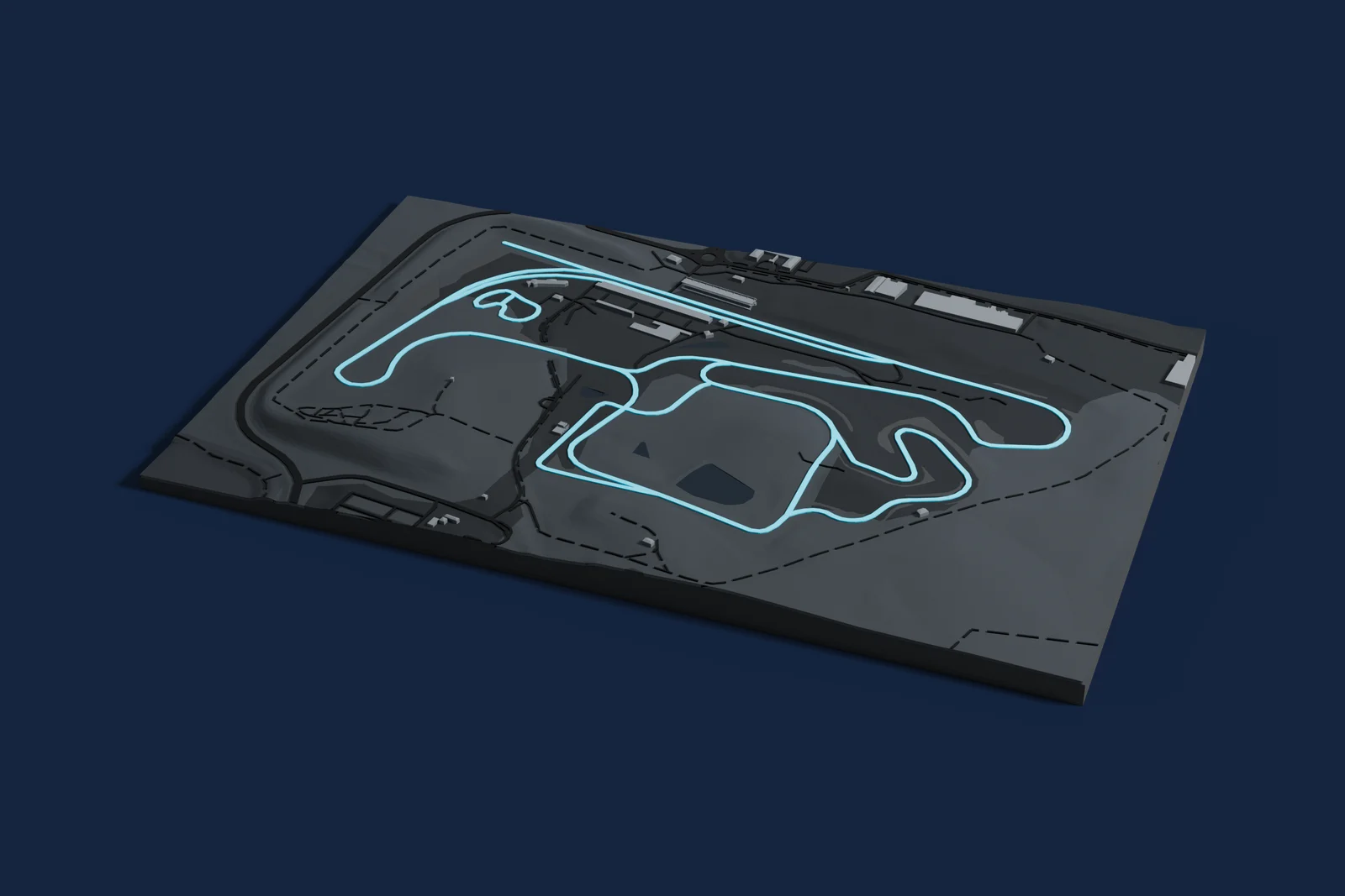 Render of a 3D printed map of Sydney Motorsport Park, the track in cyan on a dark grey model of the land and buildings around it.