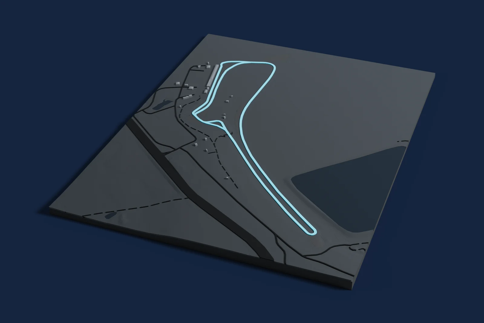 Render of a 3D printed map of Symmons Plains Raceway, the track in cyan on a dark grey model of the land and buildings around it.