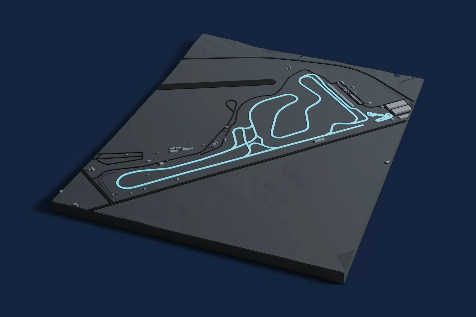 Render of a 3D printed map of Taupo International Motorsport Park, the track in cyan on a dark grey model of the land and buildings around it.