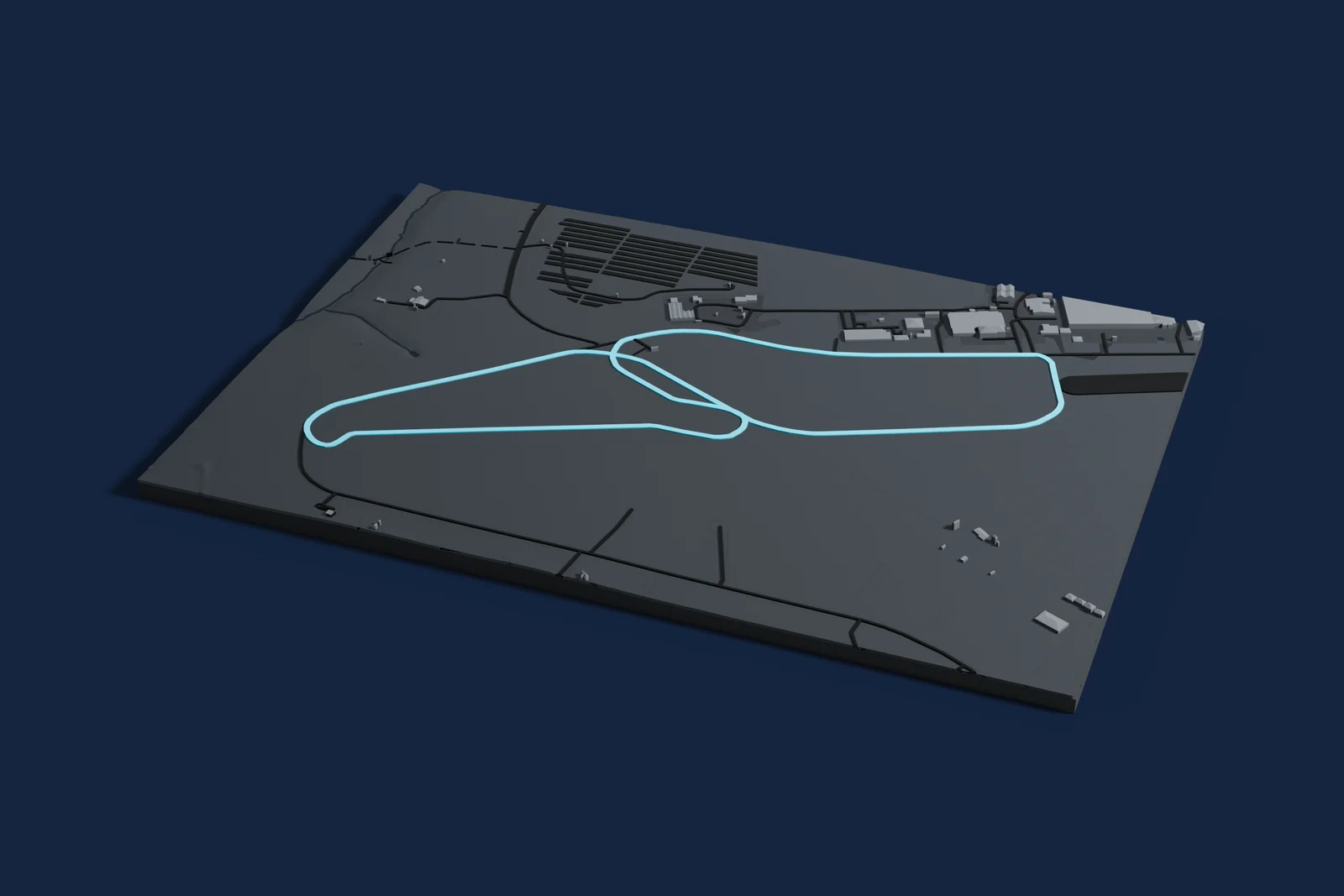 Render of a 3D printed map of Top Gear test track, the track in cyan on a dark grey model of the land and buildings around it.