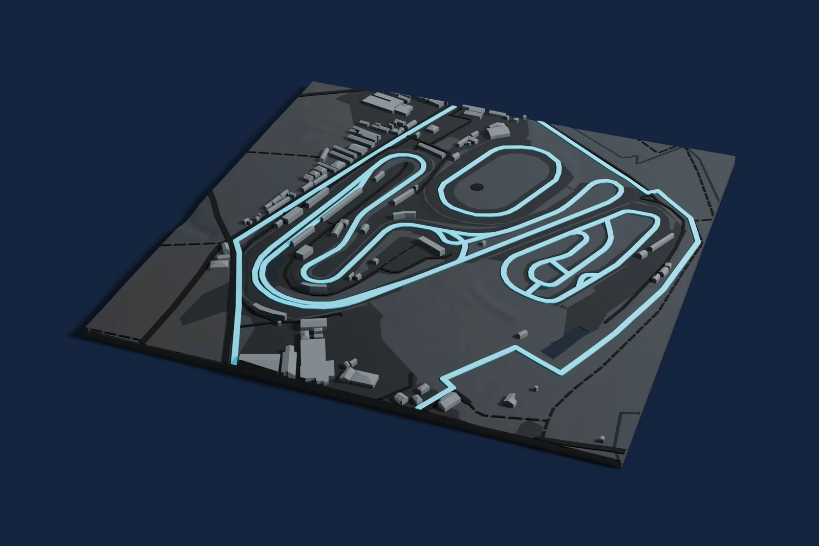 Render of a 3D printed map of Tsukuba Circuit, the track in cyan on a dark grey model of the land and buildings around it.