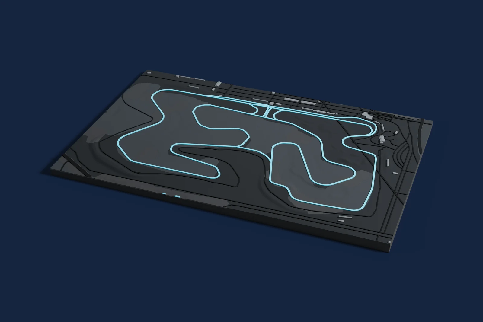 Render of a 3D printed map of Utah Motorsports Campus, the track in cyan on a dark grey model of the land and buildings around it.