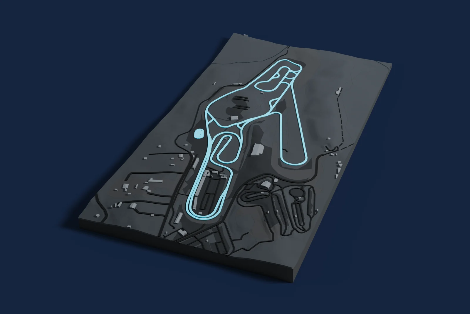 Render of a 3D printed map of Vallelunga Circuit, the track in cyan on a dark grey model of the land and buildings around it.