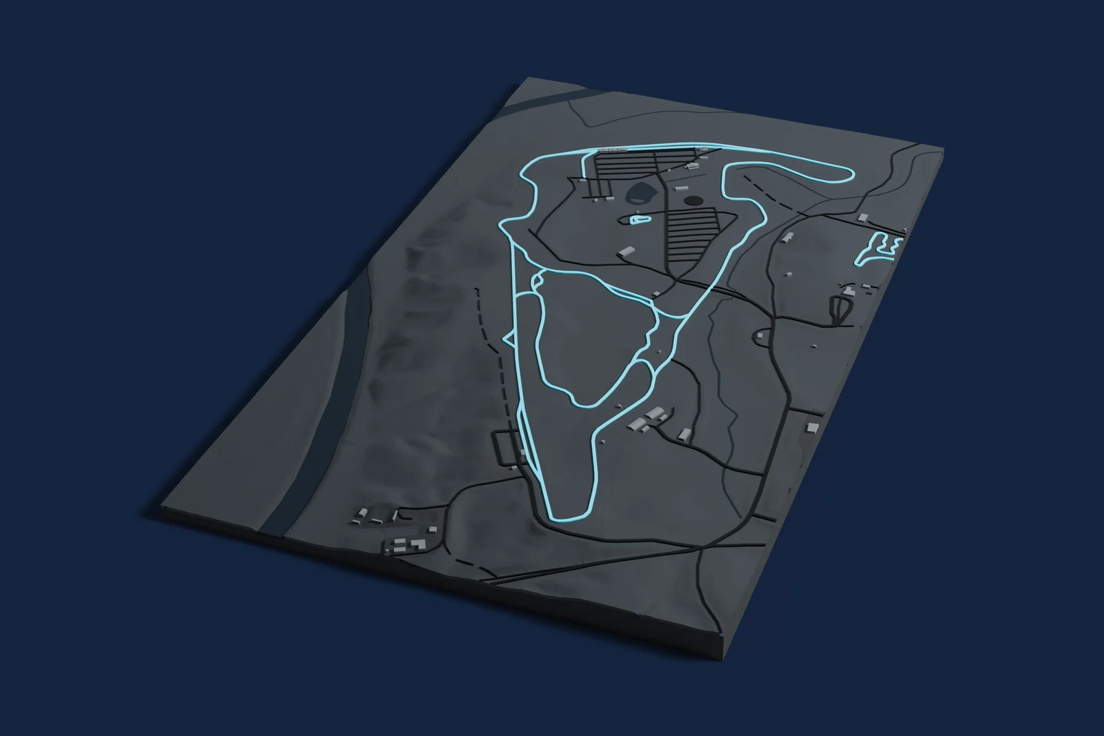 Render of a 3D printed map of Virginia International Raceway, the track in cyan on a dark grey model of the land and buildings around it.