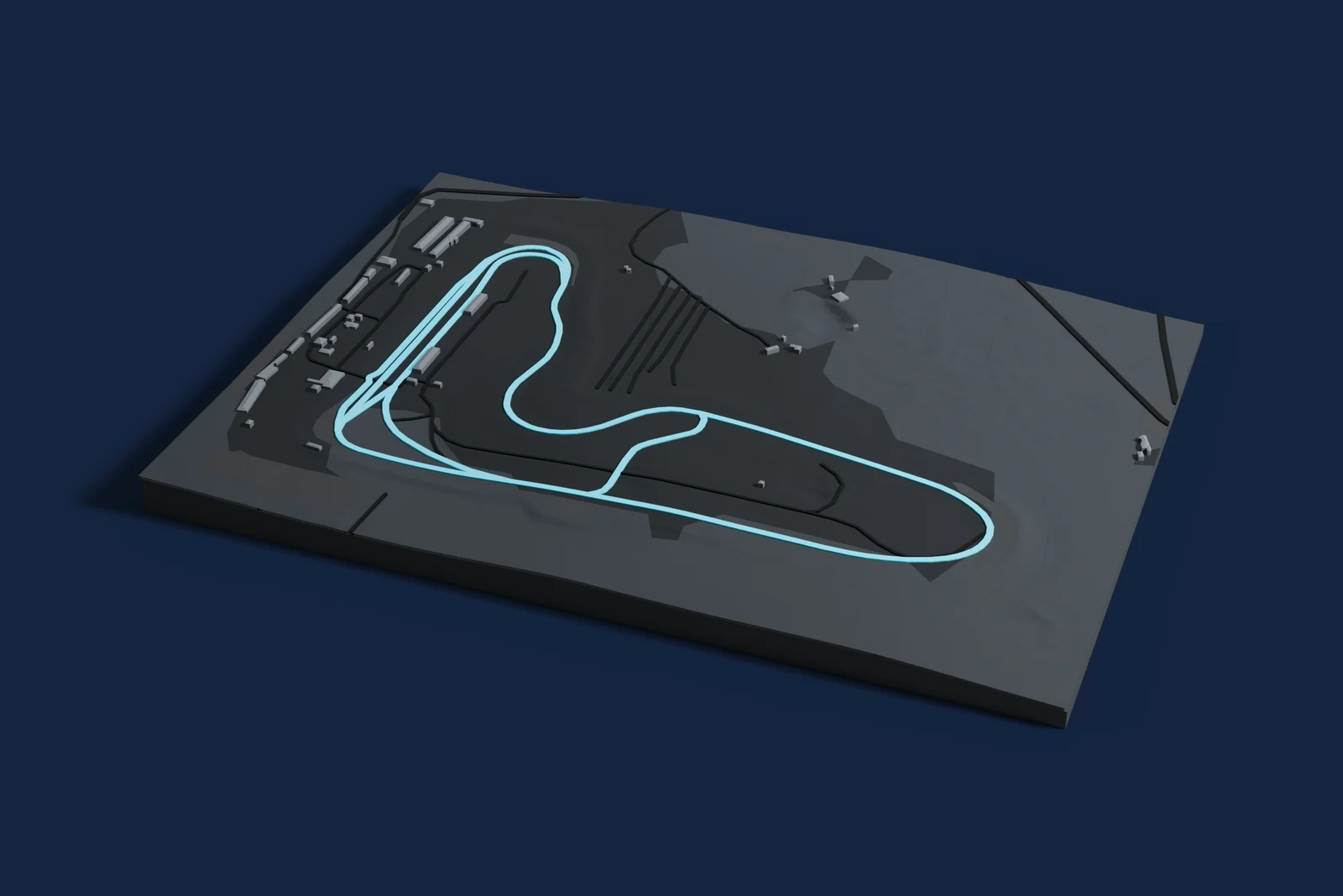Render of a 3D printed map of Wanneroo Raceway, the track in cyan on a dark grey model of the land and buildings around it.
