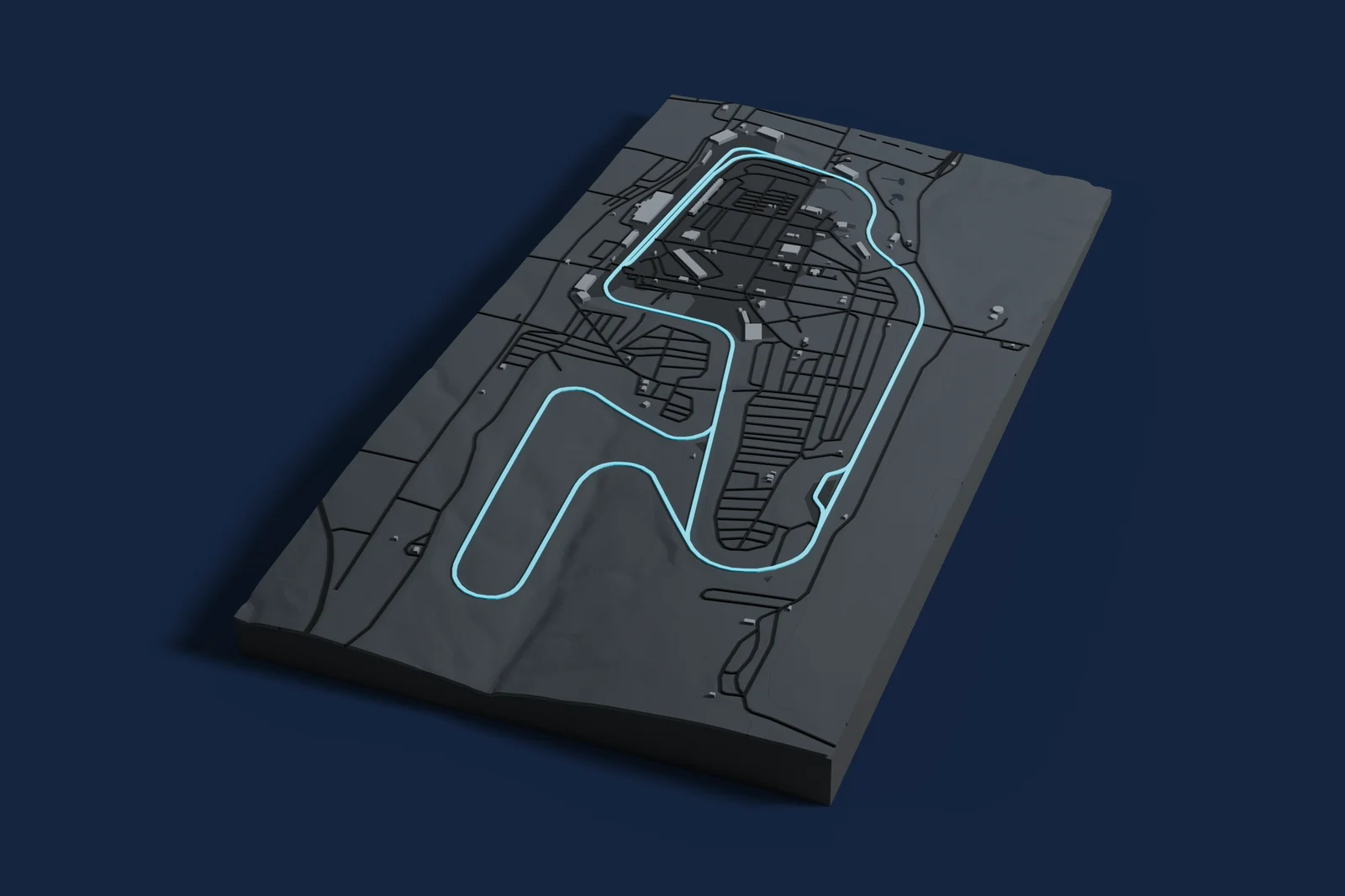Render of a 3D printed map of Watkins Glen International, the track in cyan on a dark grey model of the land and buildings around it.