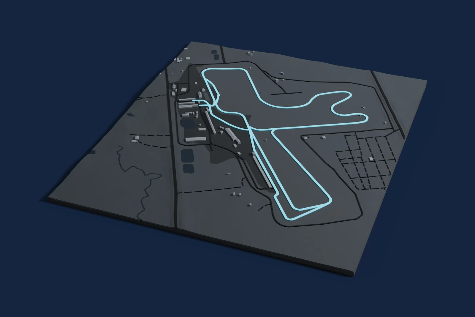 Render of a 3D printed map of Winton Motor Raceway, the track in cyan on a dark grey model of the land and buildings around it.
