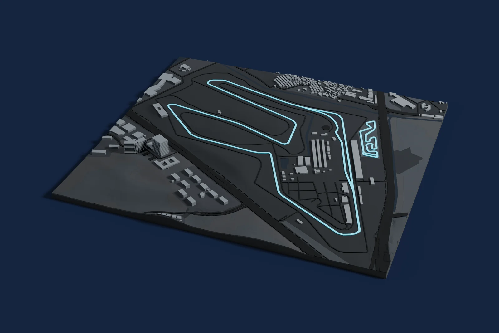 Render of a 3D printed map of Zhuhai International Circuit, the track in cyan on a dark grey model of the land and buildings around it.