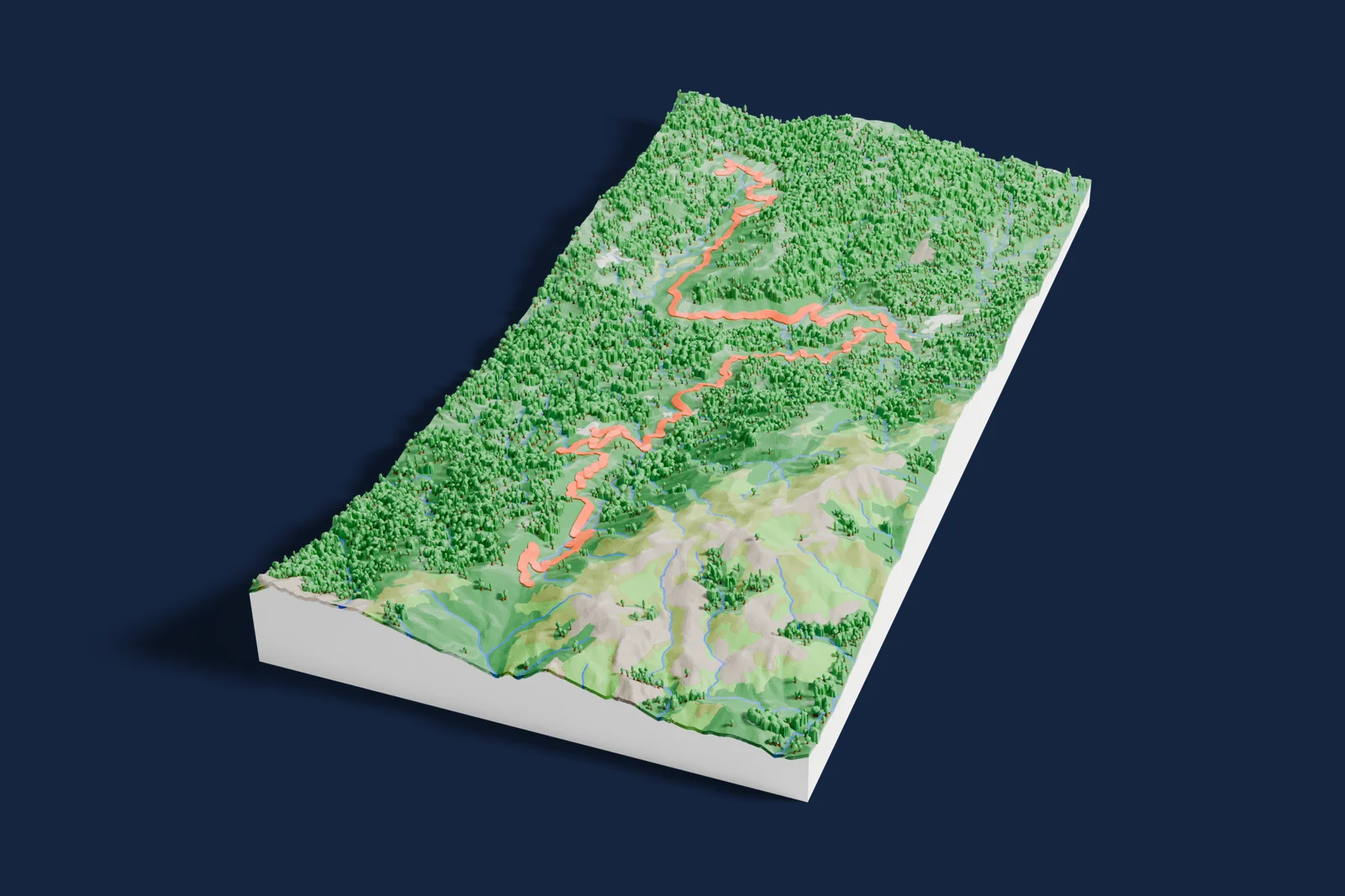 Render of a 3D printed terrain map of the Ampaza – Col Saint-Eustache rally stage, the road in orange winding across the terrain.