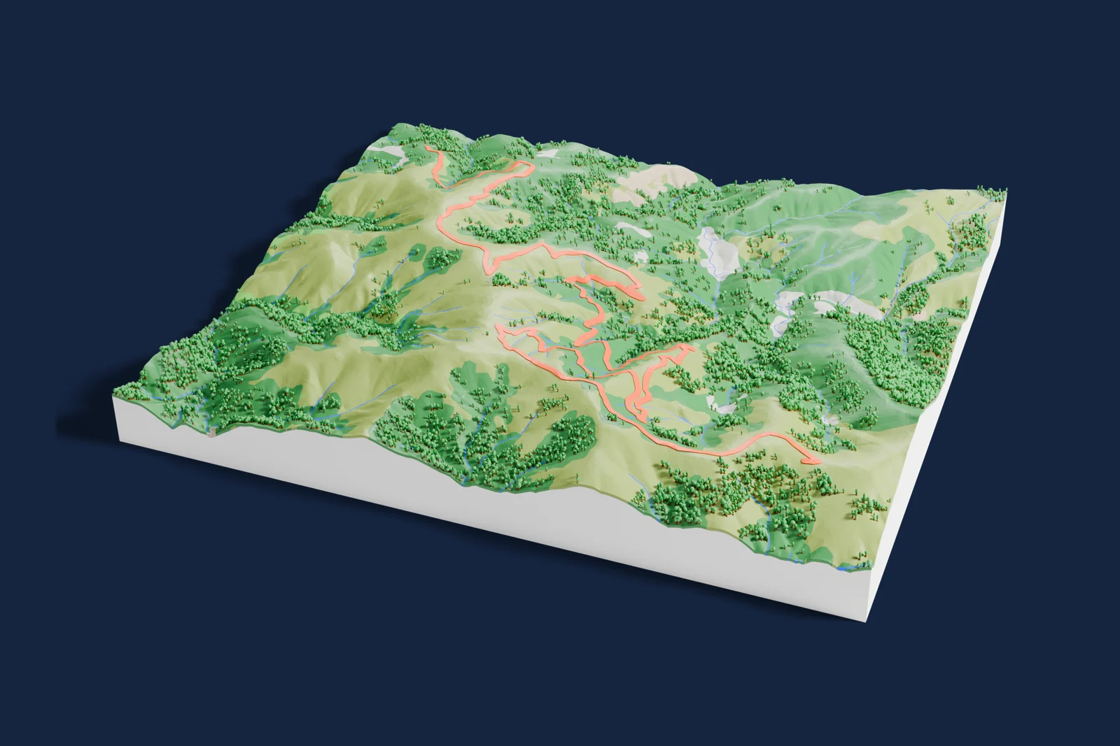 Render of a 3D printed terrain map of the Arganil rally stage, the road in orange winding across the terrain.