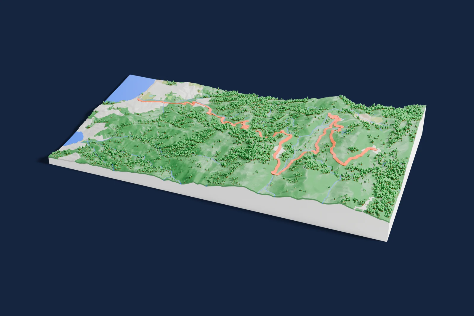 Render of a 3D printed terrain map of the Bisinao – Agosta rally stage, the road in orange winding across the terrain.