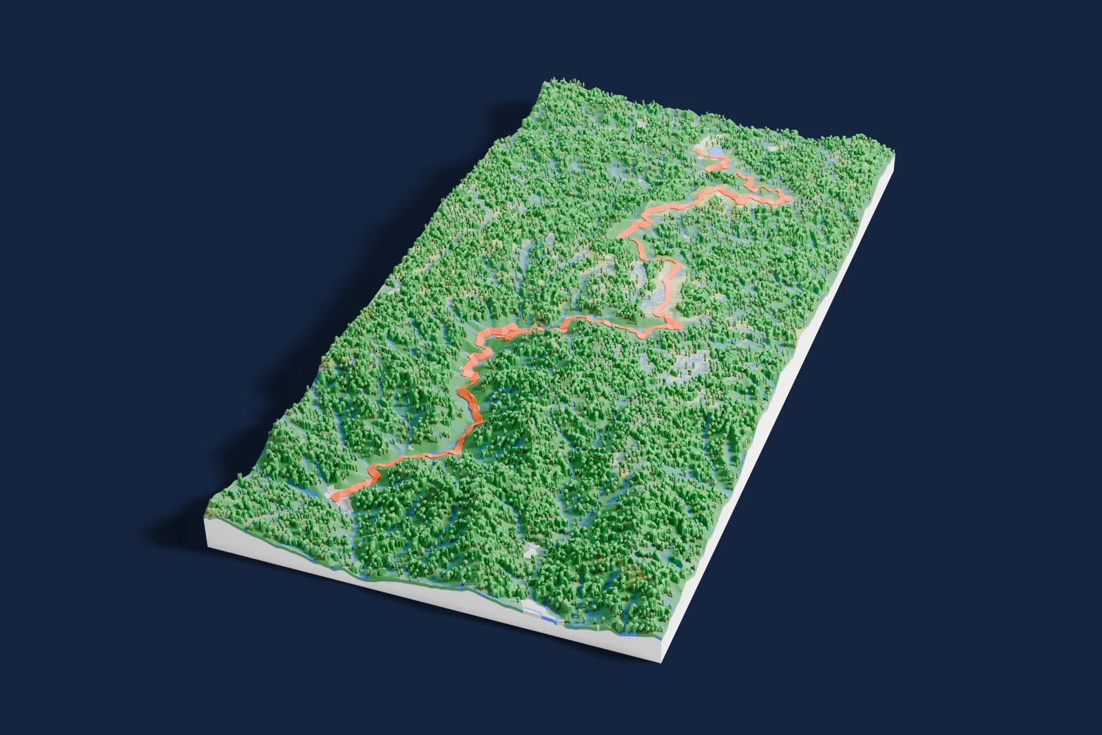 Render of a 3D printed terrain map of the Burzet rally stage, the road in orange winding across the terrain.