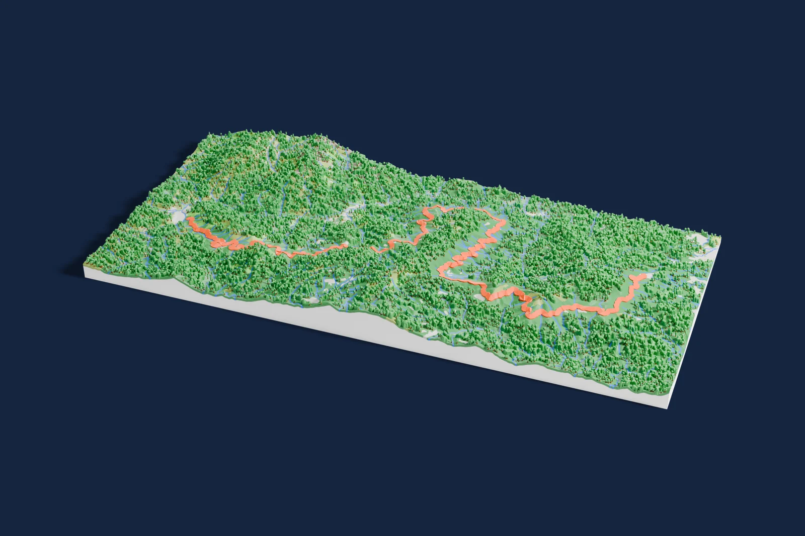 Render of a 3D printed terrain map of the Castagniccia rally stage, the road in orange winding across the terrain.
